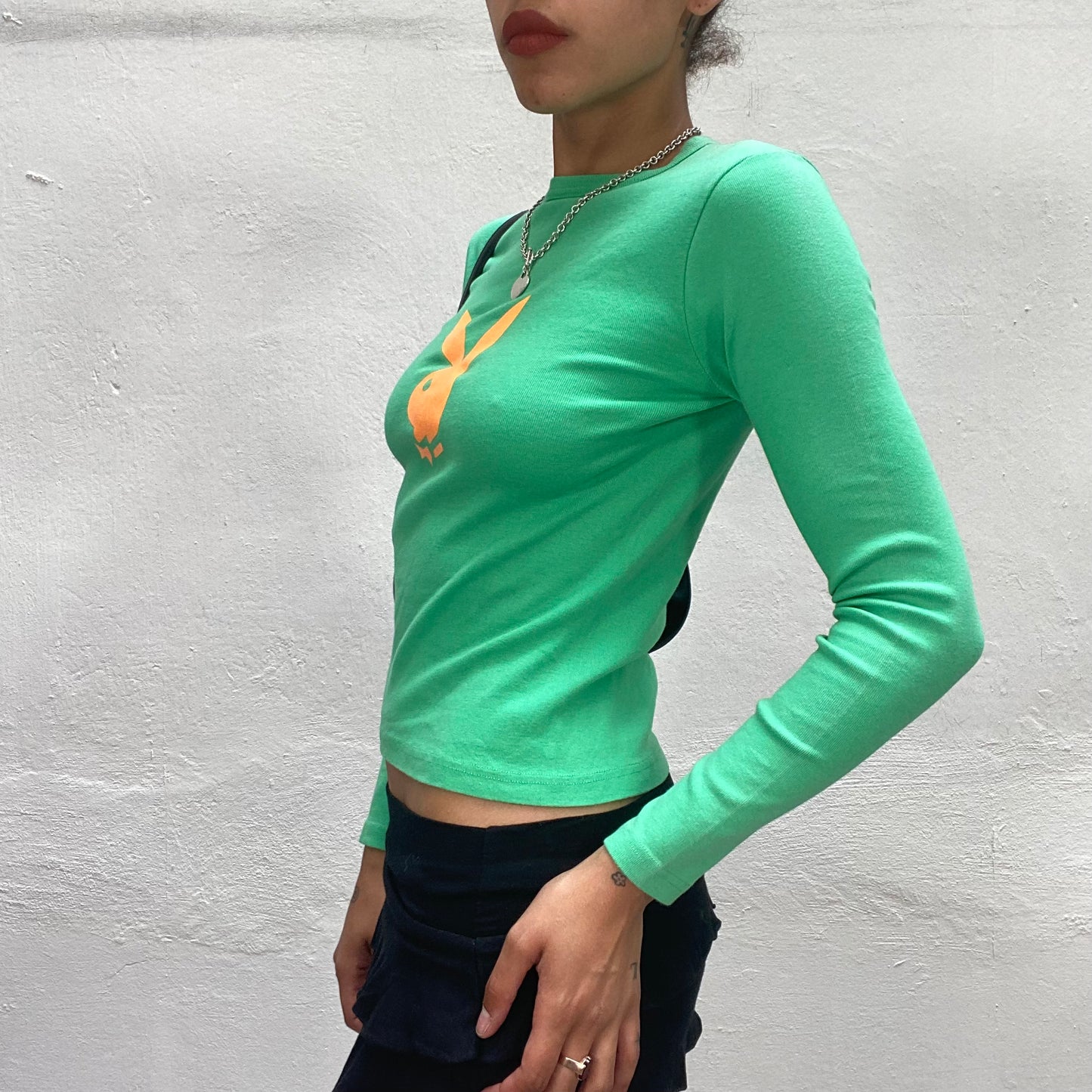 Vintage 2000's Archive Playboy Green Longsleeve Top with Yellow „Playmate“ Logo Print (S)