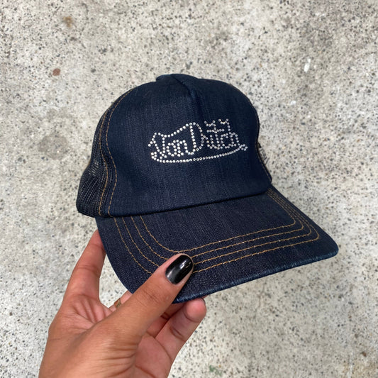Vintage 2000's Von Dutch Archive Dark Denim Cap with Strass Logo Detail