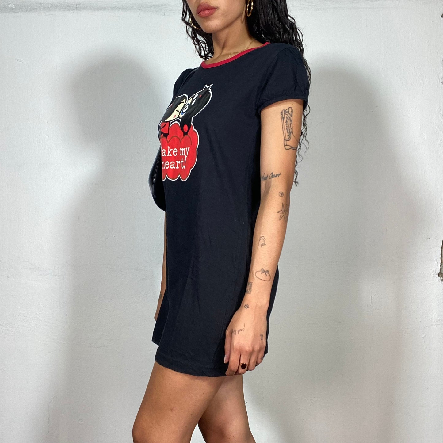 Vintage 2000's Adorable Black Pucca Mini-Dress with "Take My Heart!" Print (S/M)