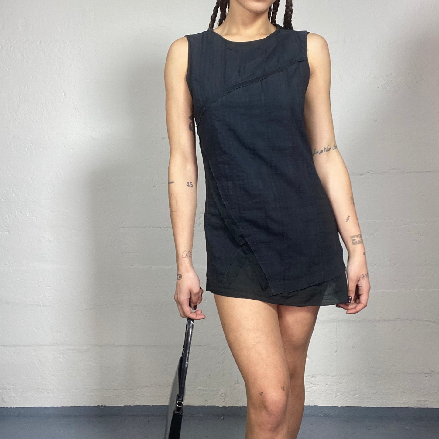 Vintage 2000's Cool Girl Black Asymmetric Cut Mini Dress with Wrapped Material (S)