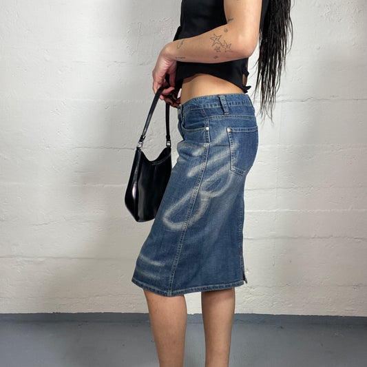 Vintage 2000's Cowboy Denim Midi Pencil Skirt with Bleached Print Detail (S/M)