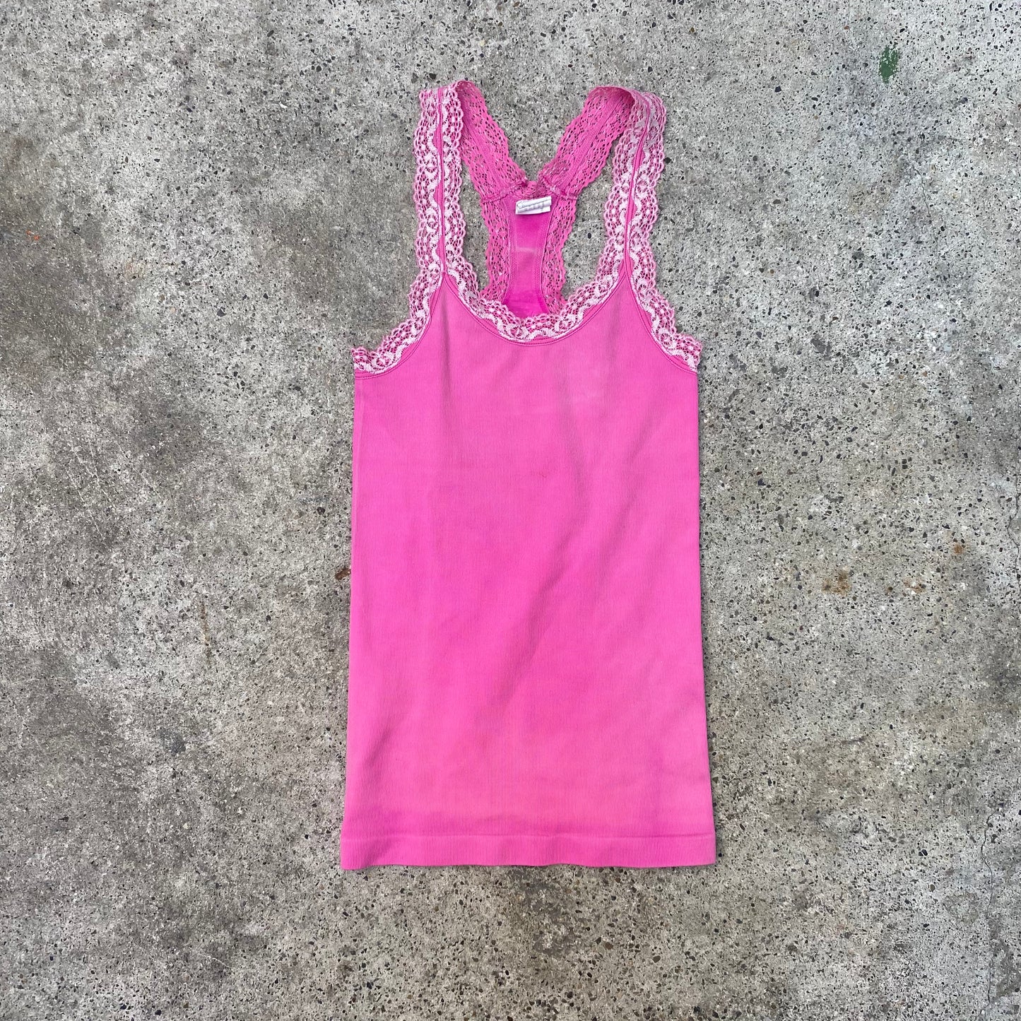 Vintage 2000's Funky Bubble Gum Pink Ribbed Tank Top with Lace Trim (S)