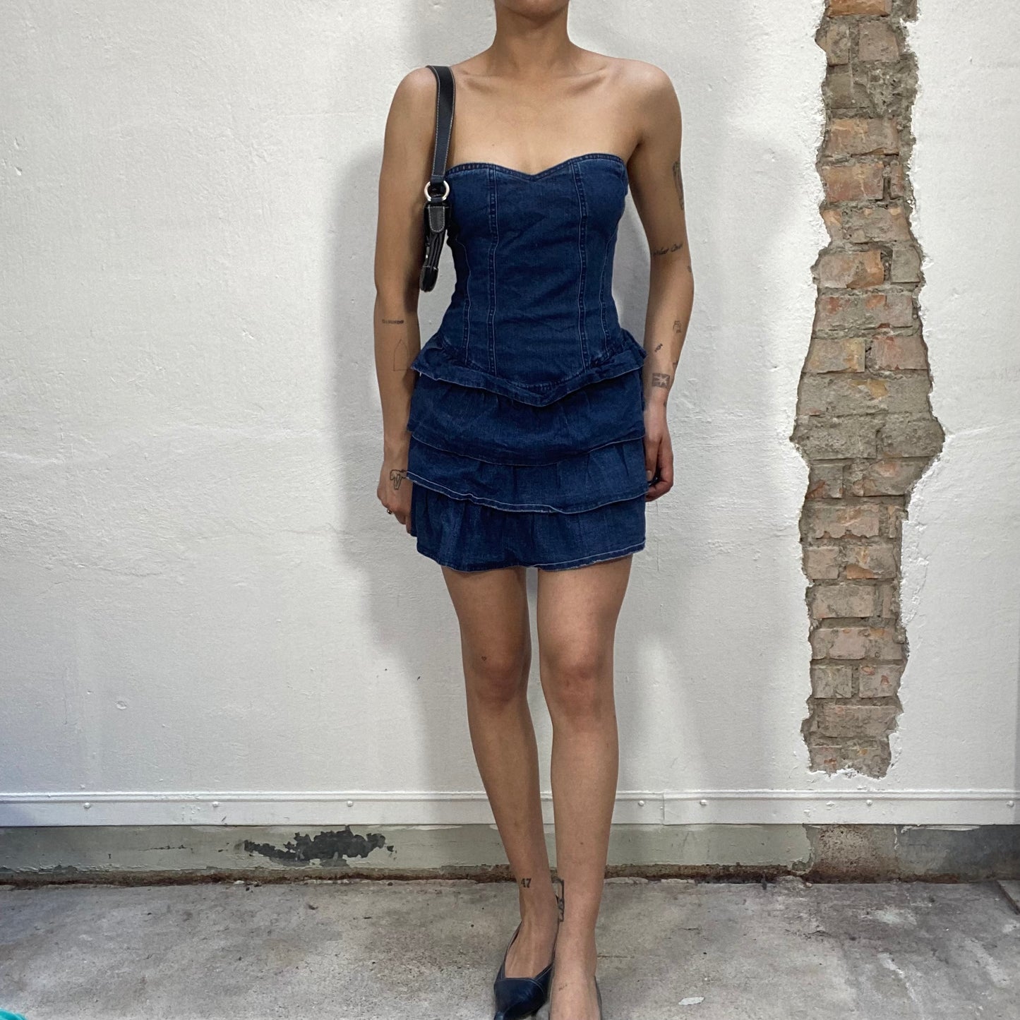 Vintage 2000's Night Out Denim Strapless Mini Dress with Layered Bottom (S)