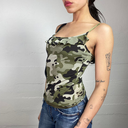 Vintage 2000's Rave Khaki Crpped Top with Camo Print and Frilled Neckline Detail (S)