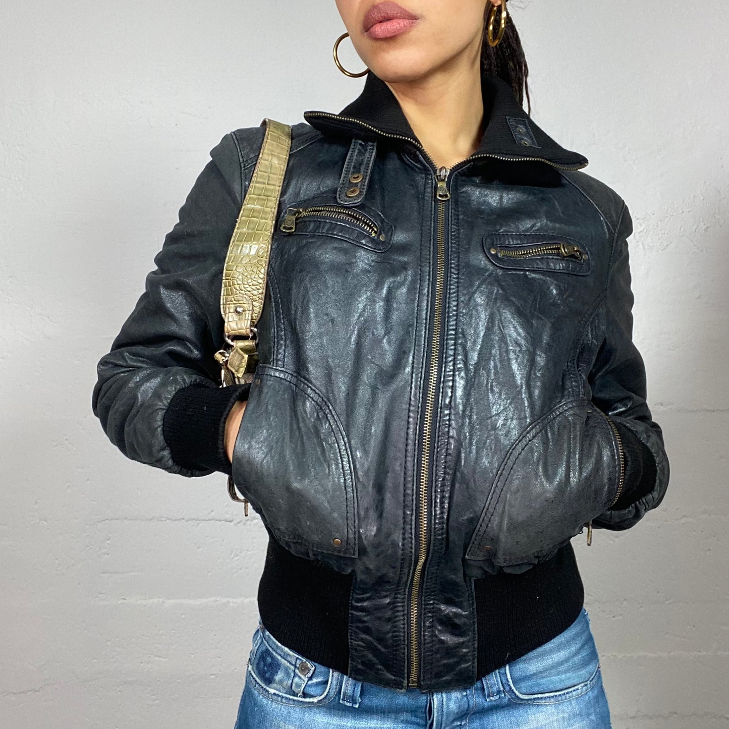 Vintage 2000's Archive Black Short Biker Jacket with High Neck and Zippers Detail (M)