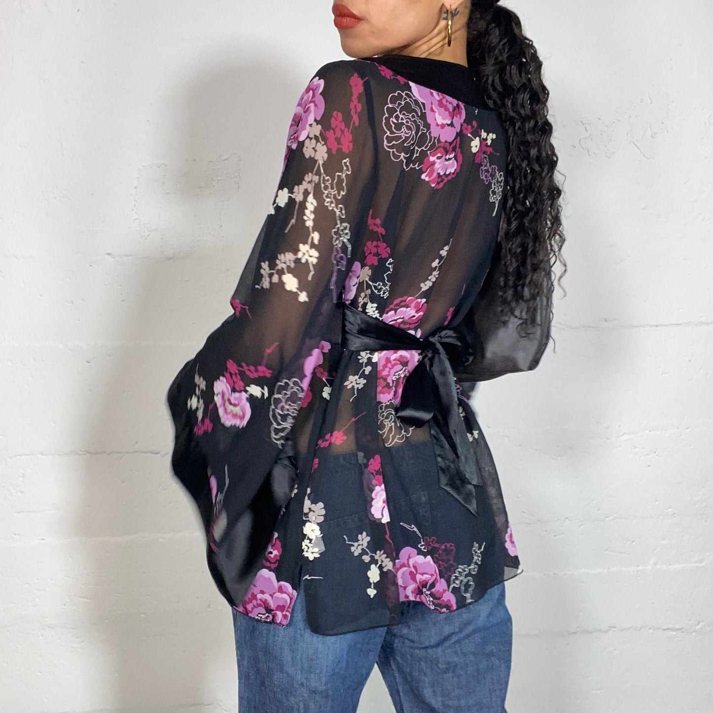 Vintage 2000's Model of Duty Black Mesh Blouse Top with Pink Floral Print (S)