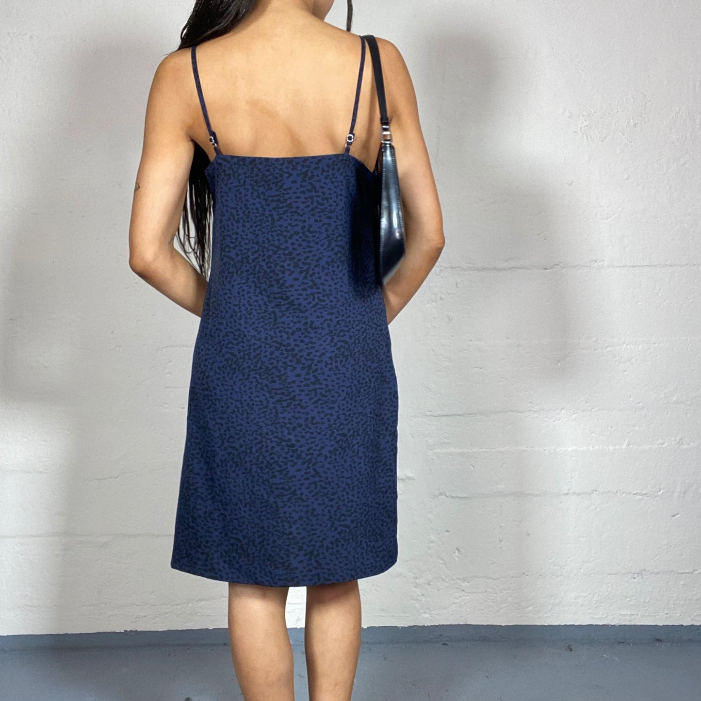 Vintage 2000's Lingerie Navy Blue Slip Dress with Bkack Cheetah Print (L)