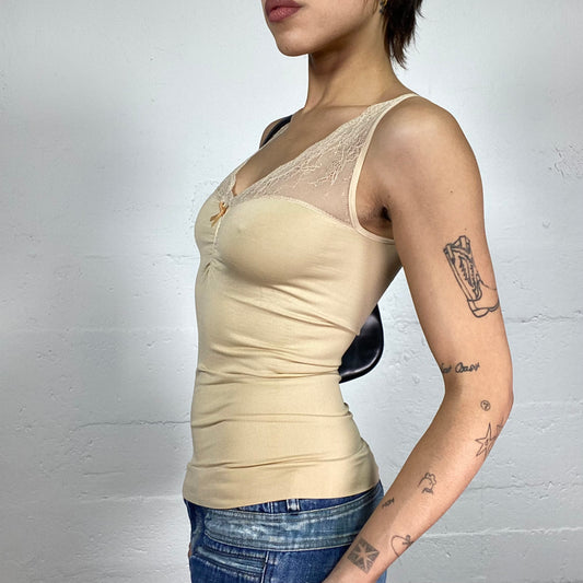 Vintage 2000's Romantic Beige Top with Mesh Lace Straps Detail (S)