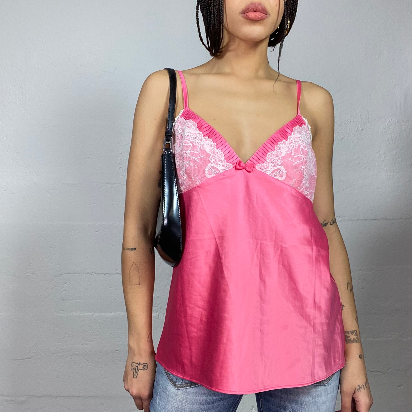 Vintage 2000's Babydoll Pink Top with White Chest Lace Detail (M)