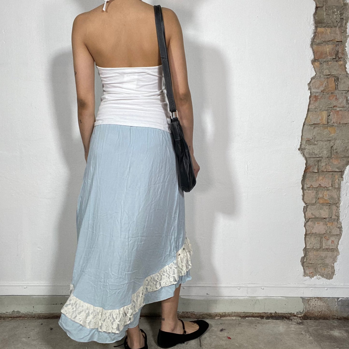 Vintage 90's Country Light Blue Midi Skirt with White Lace Detail (S)