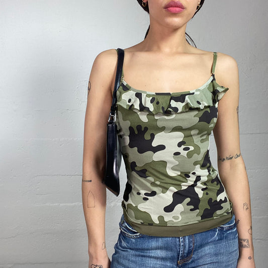 Vintage 2000's Rave Khaki Crpped Top with Camo Print and Frilled Neckline Detail (S)