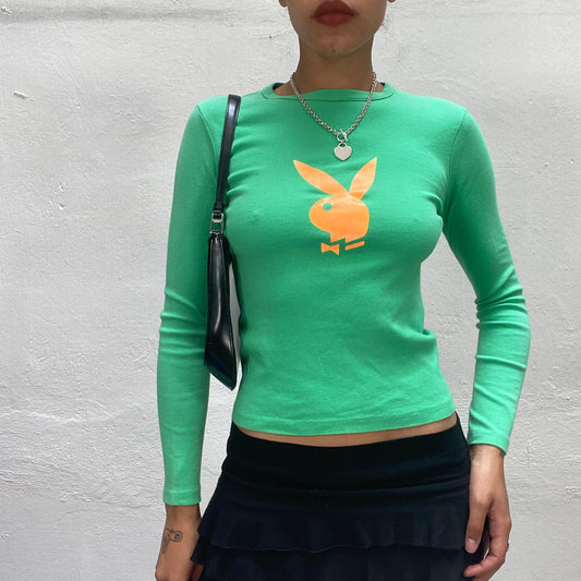 Vintage 2000's Archive Playboy Green Longsleeve Top with Yellow „Playmate“ Logo Print (S)