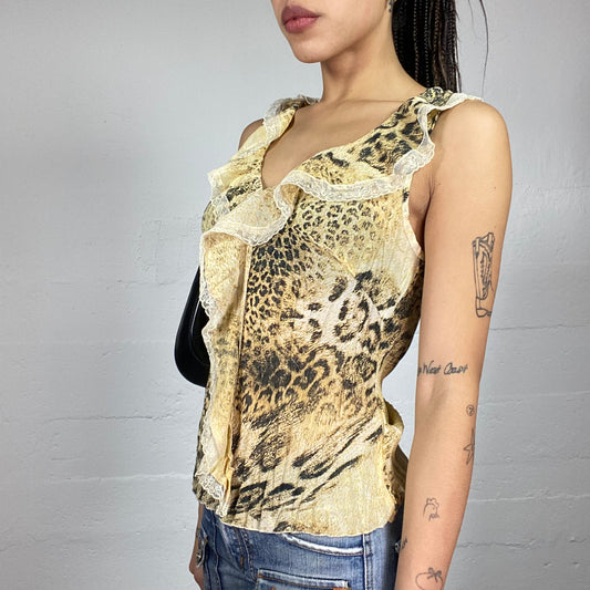 Vintage 90's Janice Biege Blouse Top with Cheetah Print and Frilled Chest Detail (S)