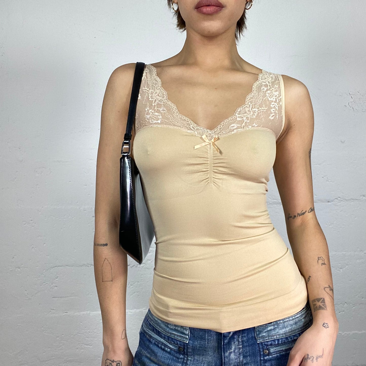 Vintage 2000's Romantic Beige Top with Mesh Lace Straps Detail (S)
