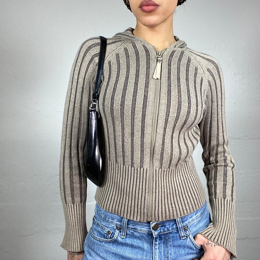 Vintage 90's Downtown Girl Brown Zip Up Ribbed Knit Pullover with Hood and Zips Detail (S)