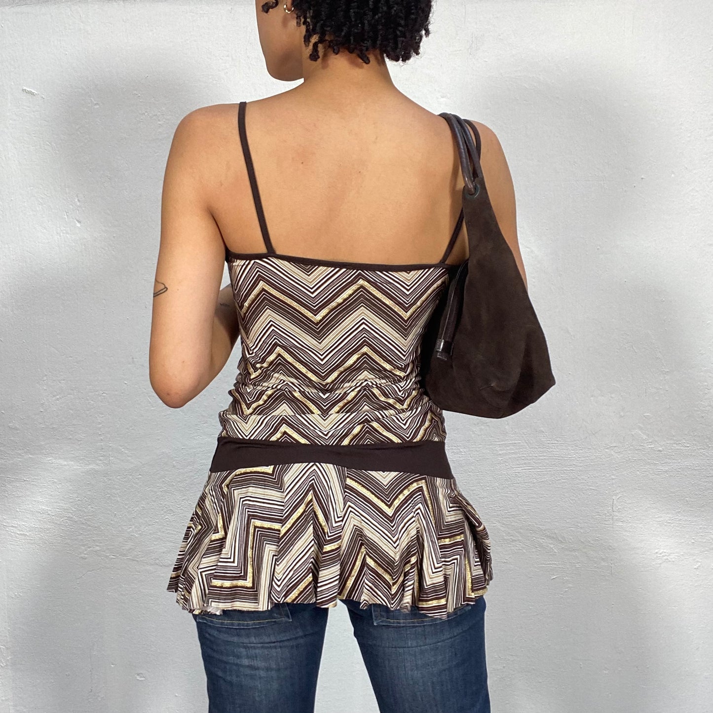 Vintage 90's Downtown Girl Brown Zig Zag Long Top with Waist Band Detail (S)