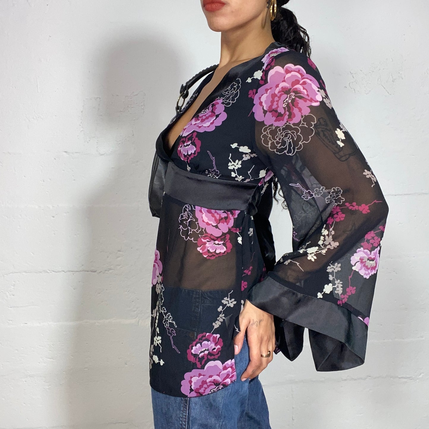 Vintage 2000's Model of Duty Black Mesh Blouse Top with Pink Floral Print (S)