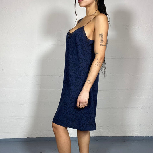 Vintage 2000's Lingerie Navy Blue Slip Dress with Bkack Cheetah Print (L)