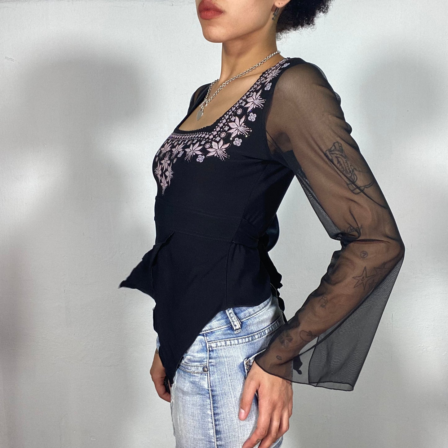 Vintage 2000's Indie Balck Mesh Blouse with Pink Floral Neckline Print (S)