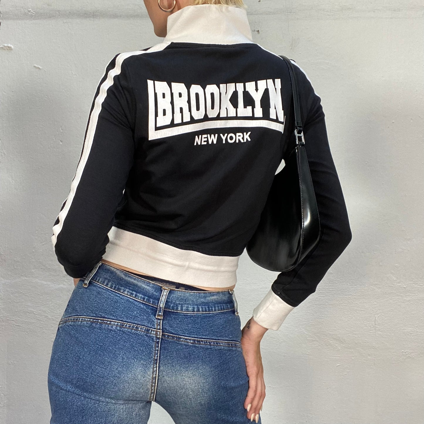 Vintage 2000's Downtown Girl Black and White Zip Up Sweater with Back "Brooklyn" Print (S)