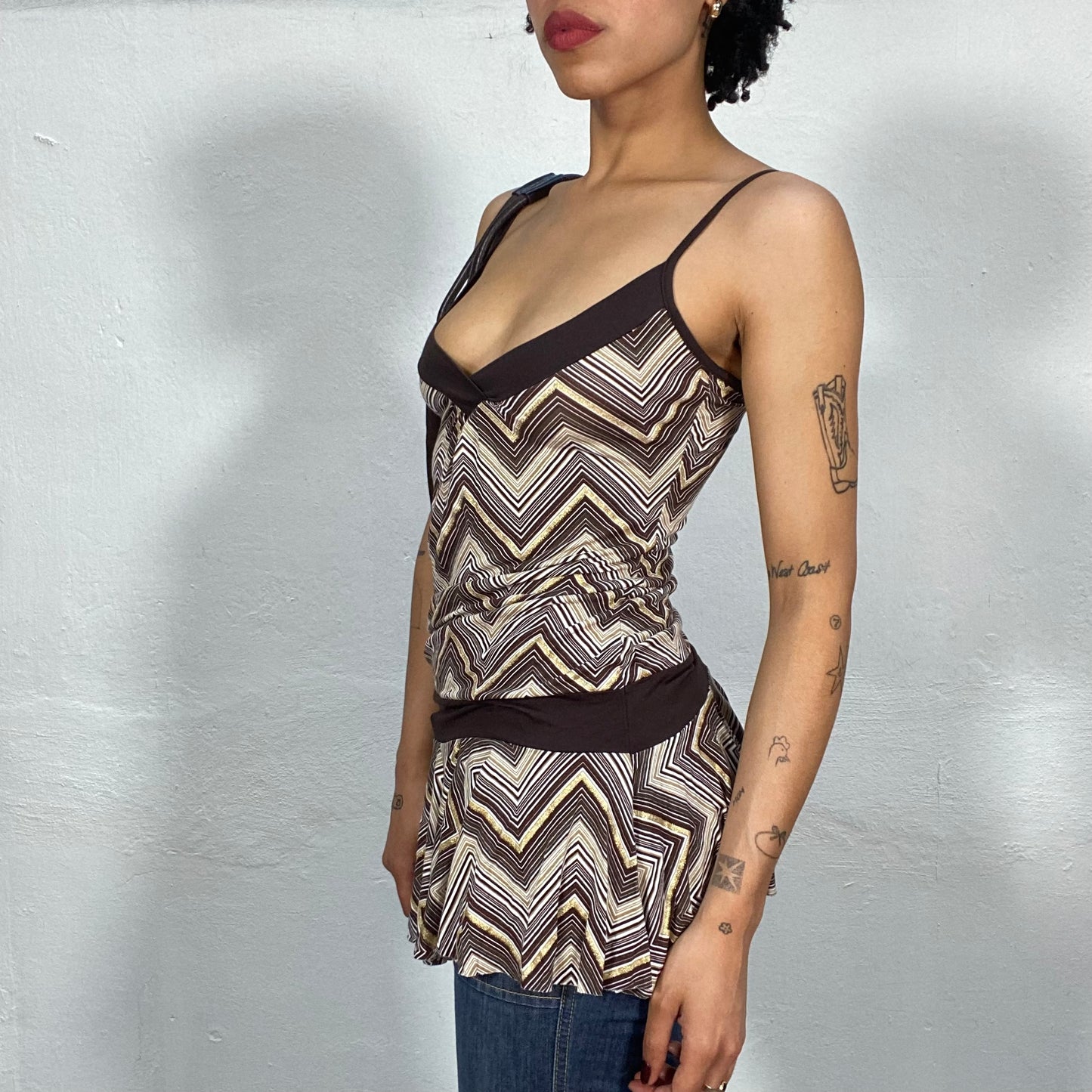 Vintage 90's Downtown Girl Brown Zig Zag Long Top with Waist Band Detail (S)