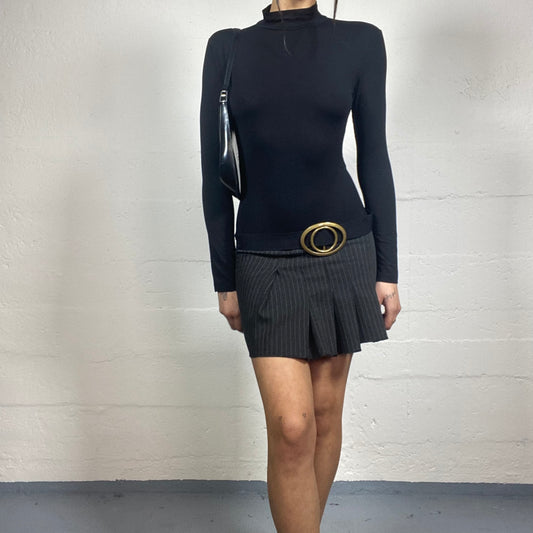 Vintage 2000's Corpcore Black Mini with Pleated Pinstripes Bottom Dress with Big Buckle Detail (S)