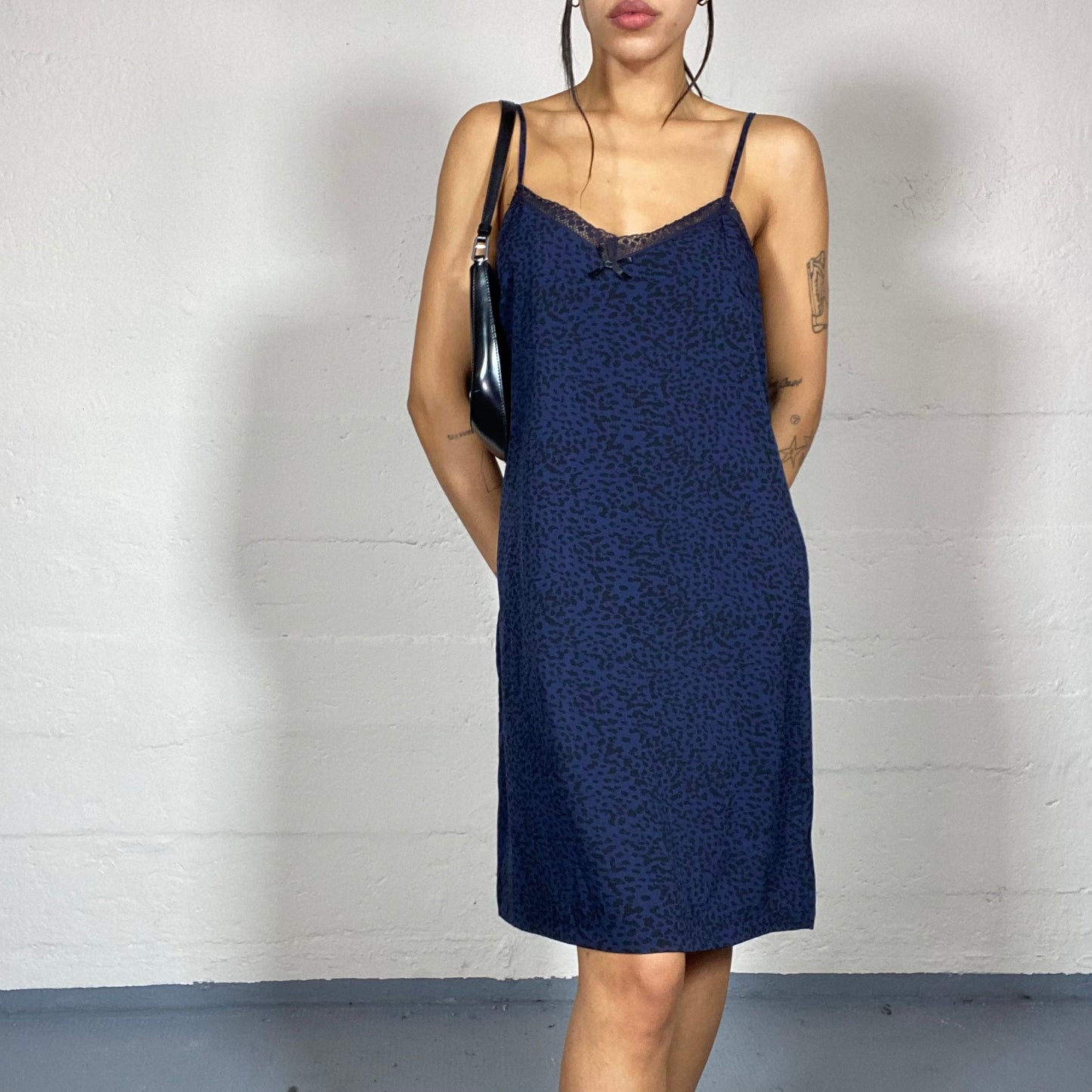 Vintage 2000's Lingerie Navy Blue Slip Dress with Bkack Cheetah Print (L)