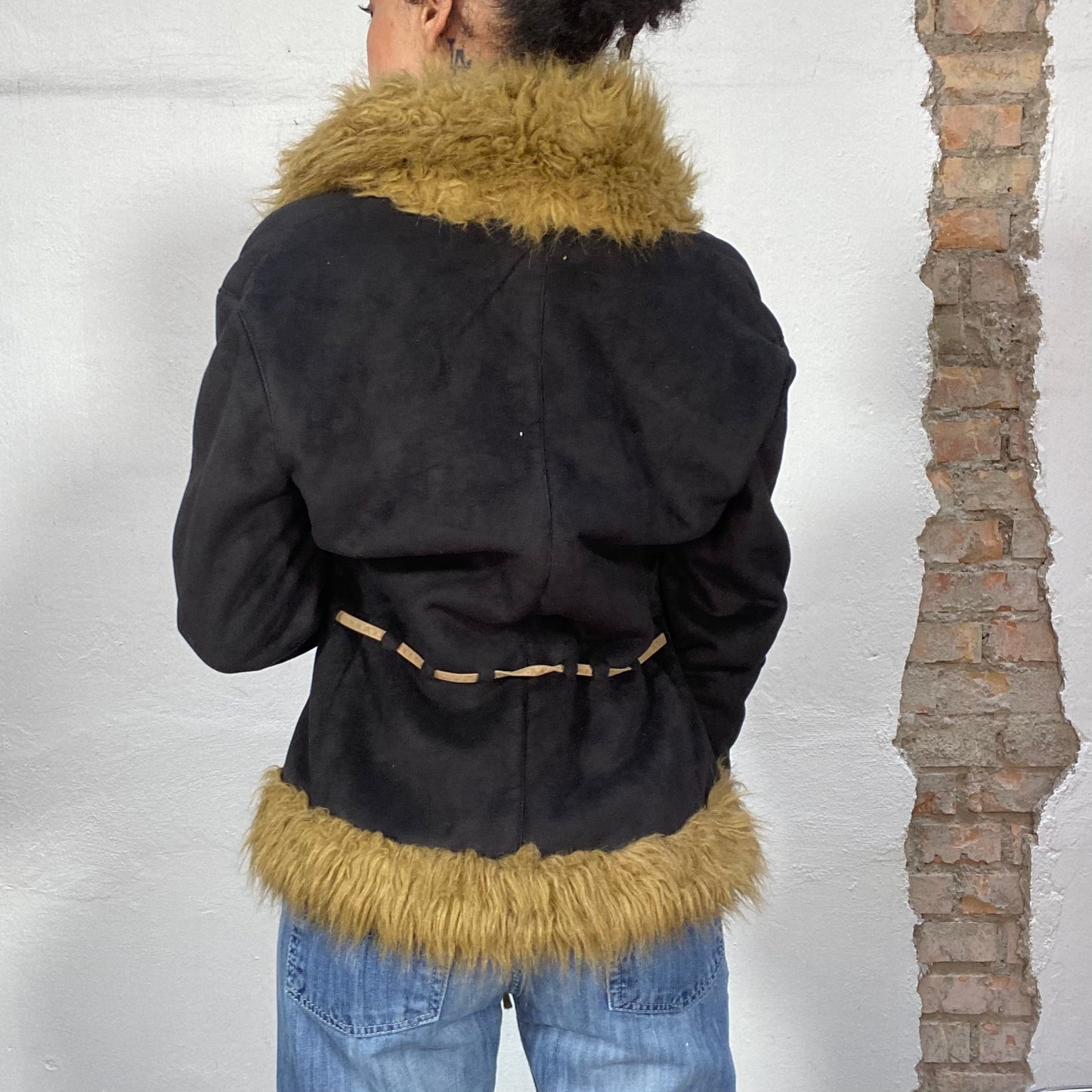 Vintage 2000's Grunge Black Afghan Coat with Beige Faux Fur Trim (S)