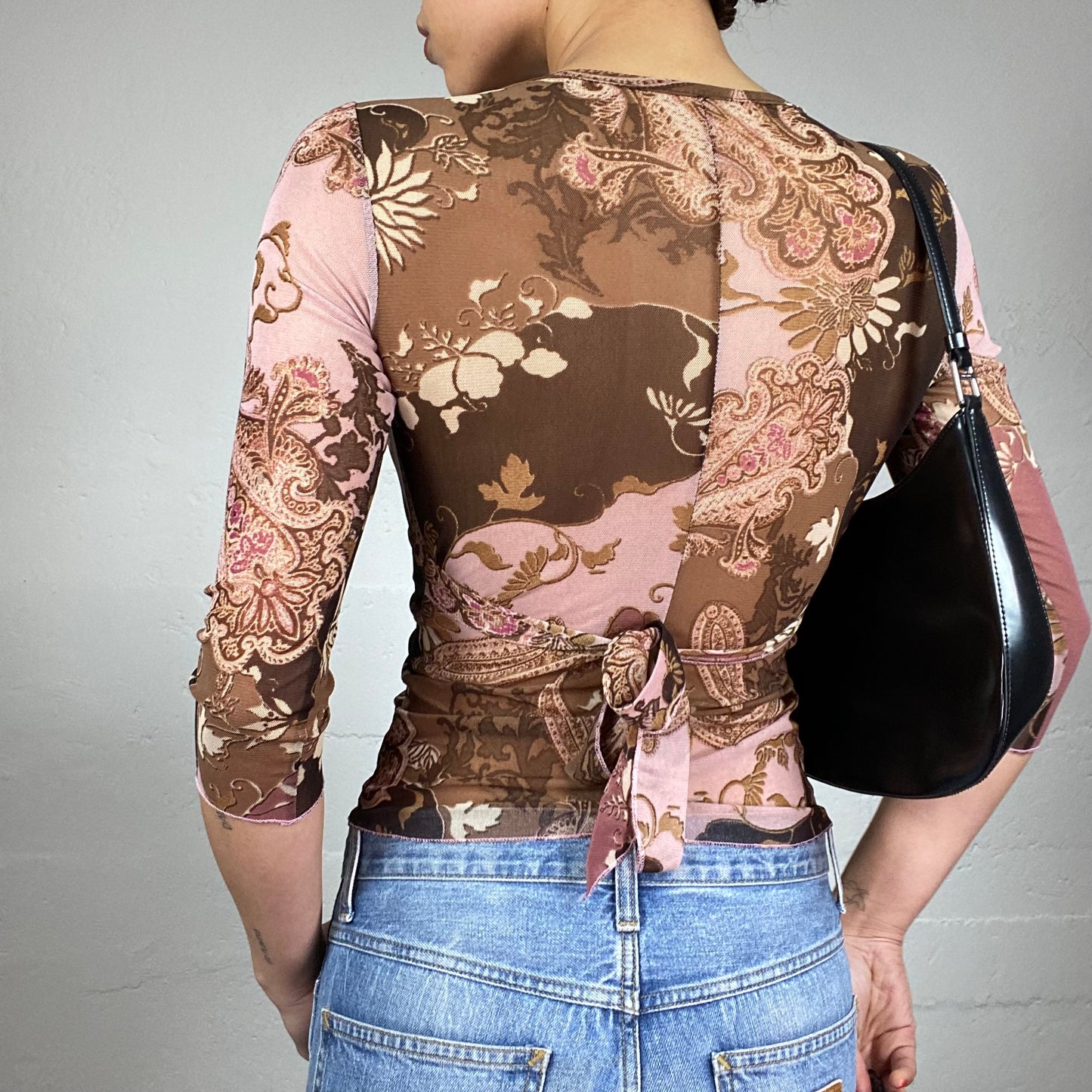 Vintage 90's Downtown Girl Pink & Brown Longsleeve Top with Floral Print and Mesh Bottom Detail (S)