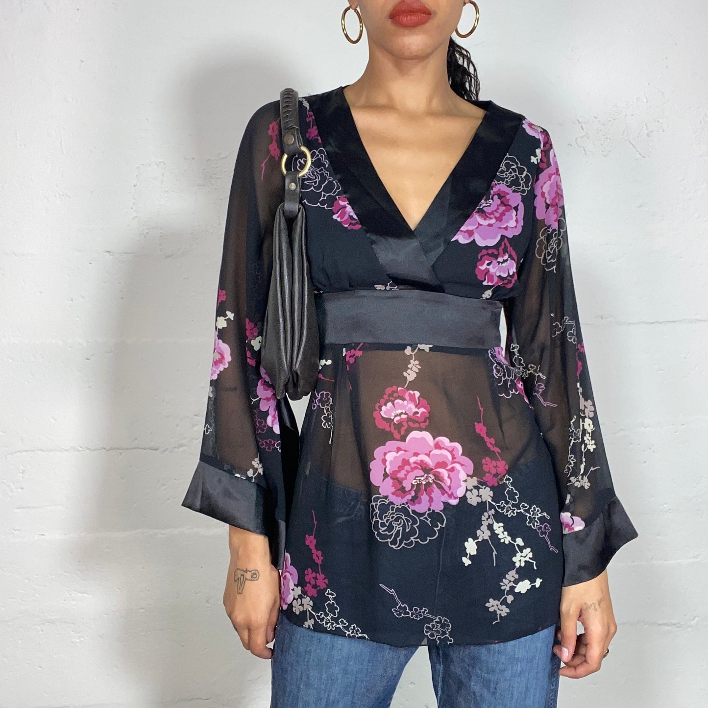 Vintage 2000's Model of Duty Black Mesh Blouse Top with Pink Floral Print (S)