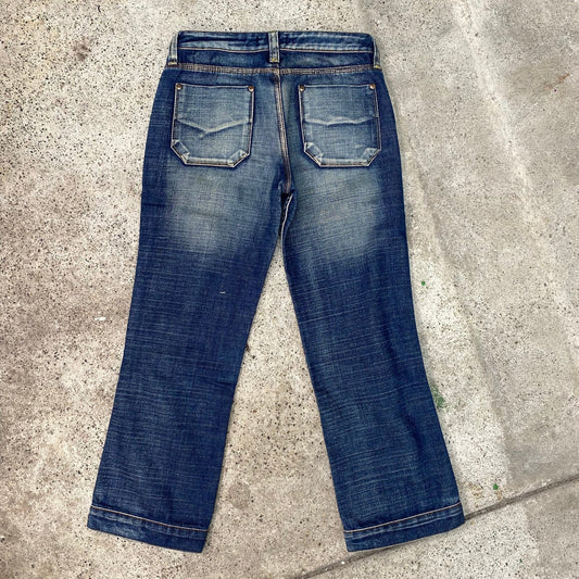 Vintage 90's Streetstyle Dark Wash Capri Jeans with Yellow Stitching and Zipper Details (XS)