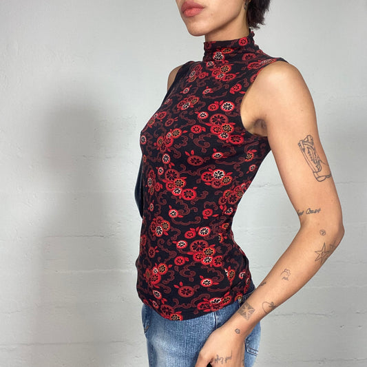 Vintage 2000's Retro Black Highneck Top with Red Floral Print (S)