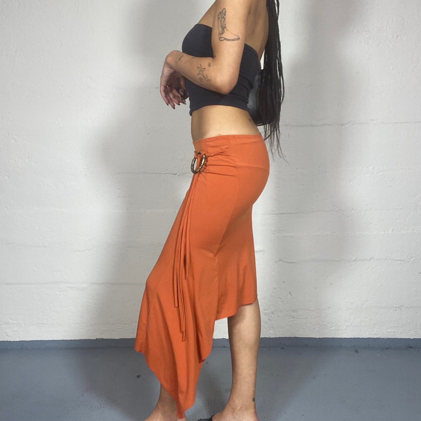 Vintage 2000's Fairy Orange Midi Skirt with Asymmetric Cut and Metal Ring Detail (S)