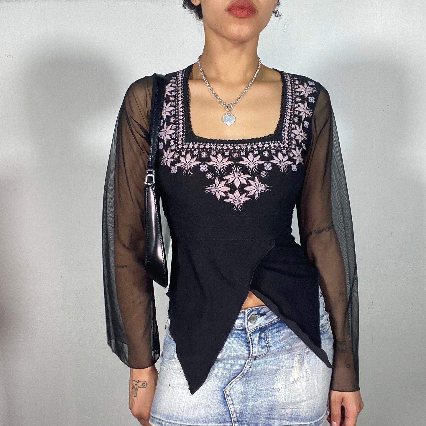 Vintage 2000's Indie Balck Mesh Blouse with Pink Floral Neckline Print (S)