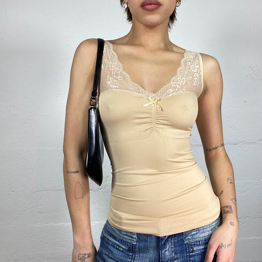 Vintage 2000's Romantic Beige Top with Mesh Lace Straps Detail (S)