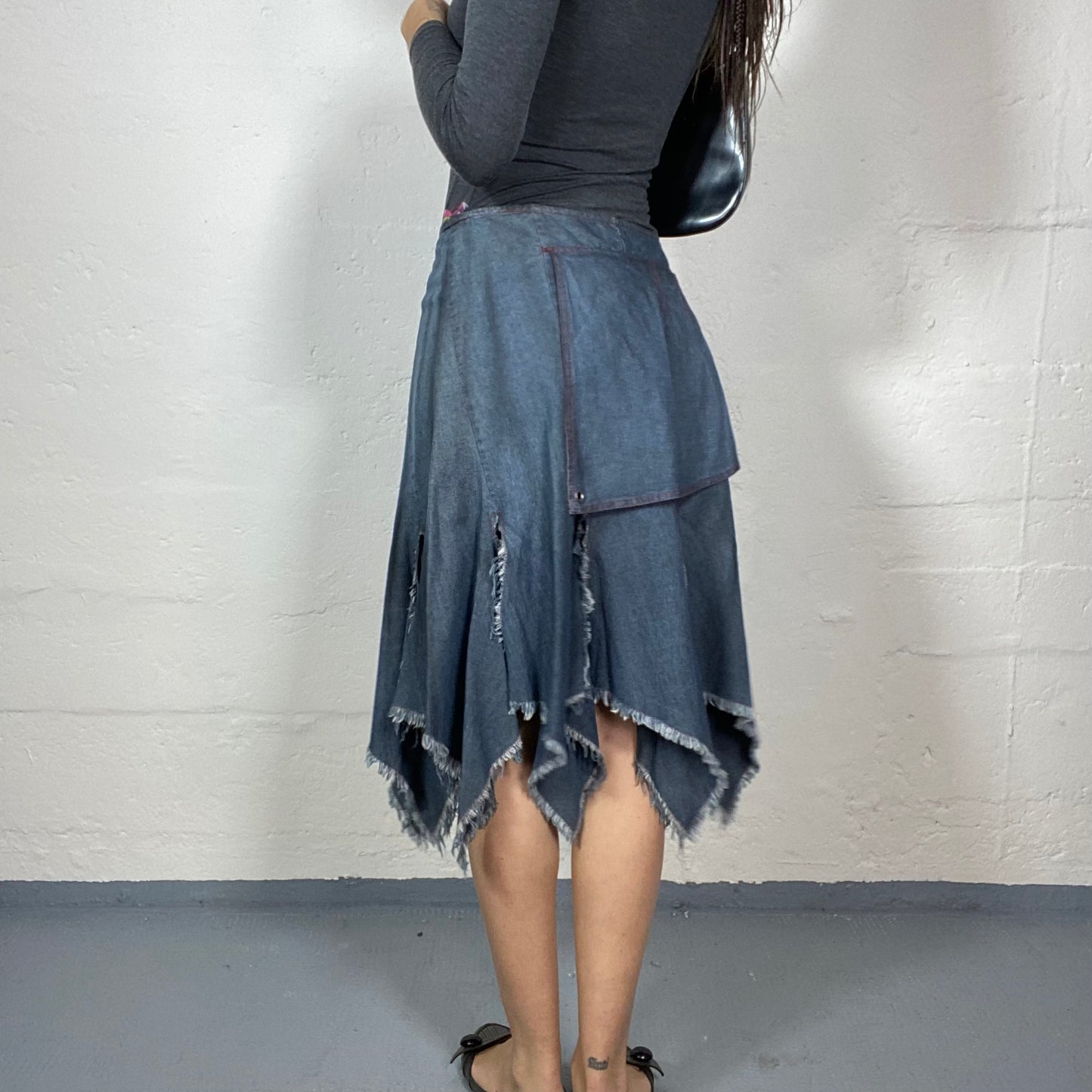 Vintage 90's Downtown Girl Denim Midi Skirt with Layered Deconstructed Cut Detail (M)