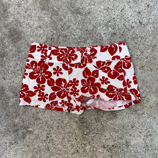 Vintage 2000's Surfer White Mini Shorts with red Hibiscus Print (S)