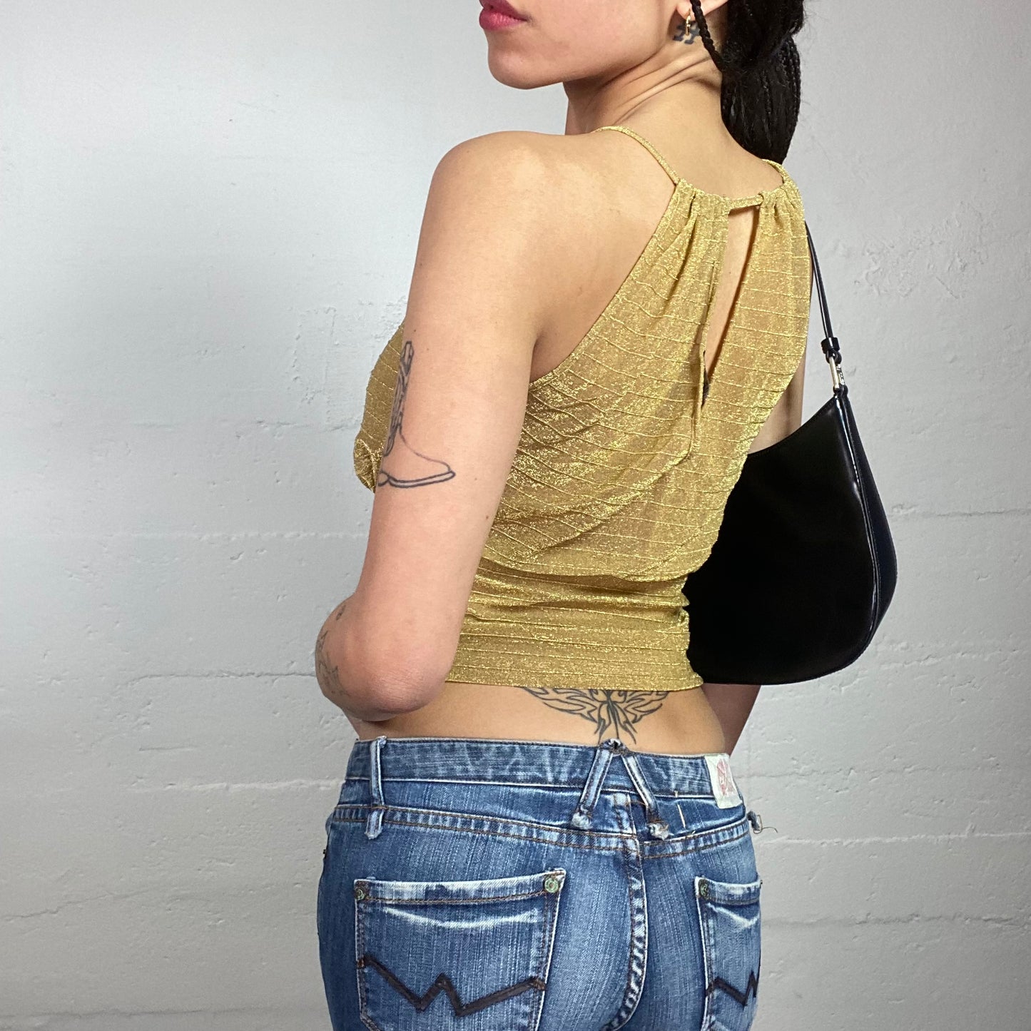 Vintage 2000's Clubwear Gold Cropped Top with Open Neckline Detail (S)