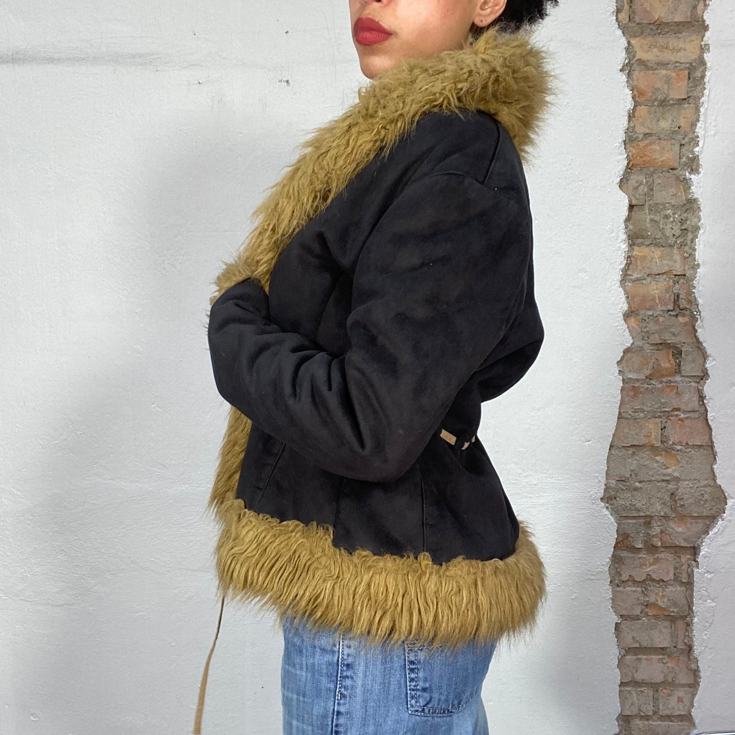 Vintage 2000's Grunge Black Afghan Coat with Beige Faux Fur Trim (S)