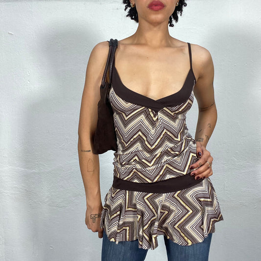 Vintage 90's Downtown Girl Brown Zig Zag Long Top with Waist Band Detail (S)