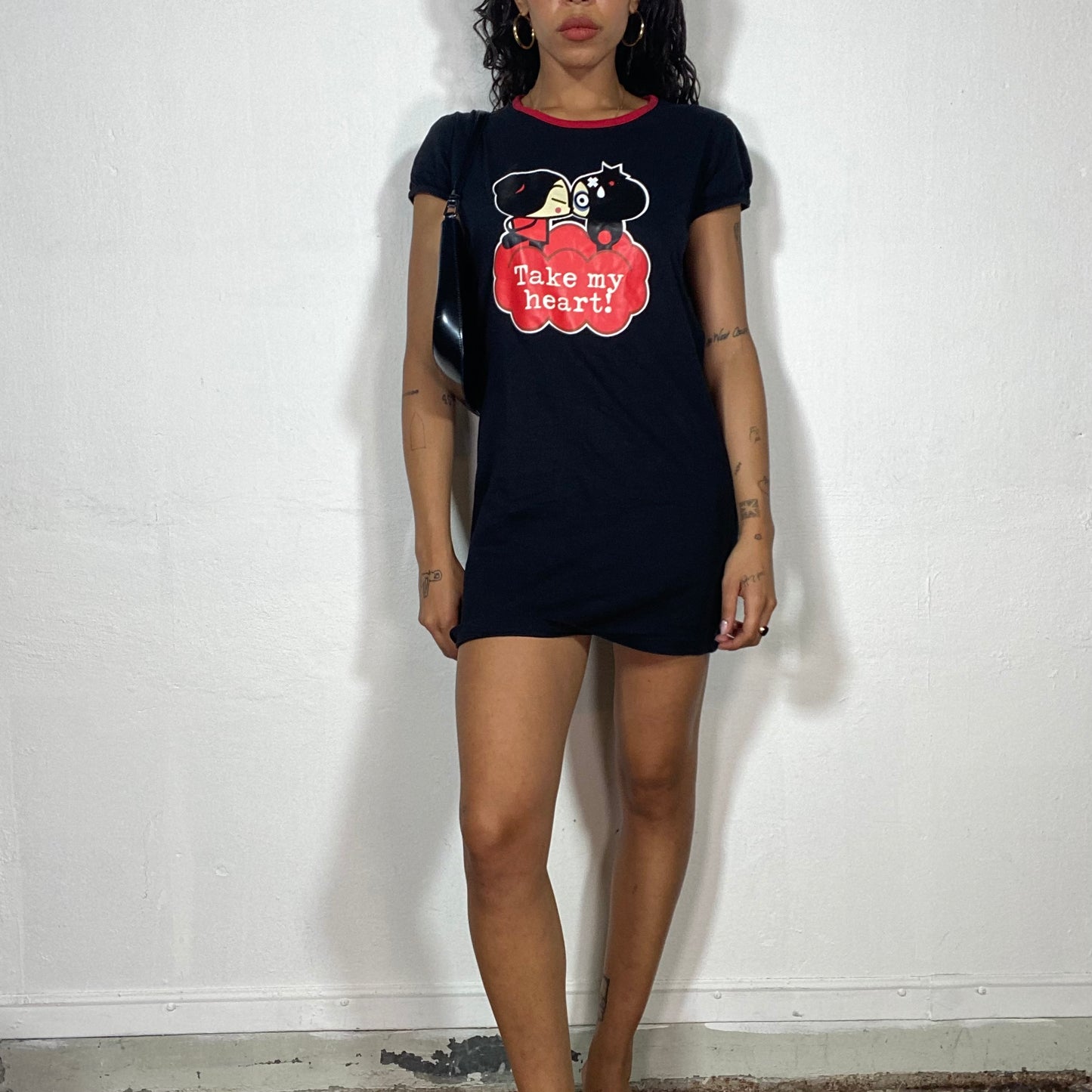 Vintage 2000's Adorable Black Pucca Mini-Dress with "Take My Heart!" Print (S/M)