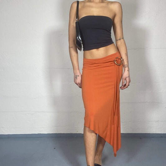 Vintage 2000's Fairy Orange Midi Skirt with Asymmetric Cut and Metal Ring Detail (S)