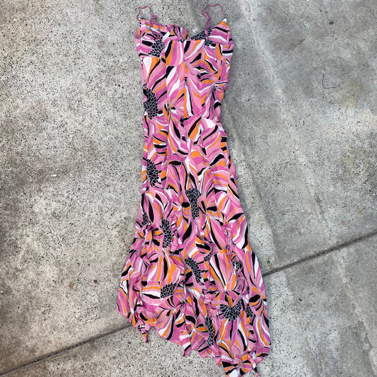 Vintage 2000's Summer Pink and Orange Funky Printed Midi Dress (S)