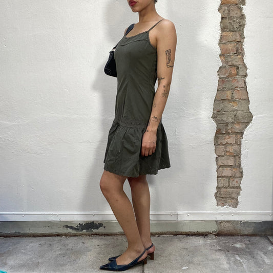 Vintage 2000's Grunge Khaki Dress with Crochet Hip Band and Trim Detail (S)