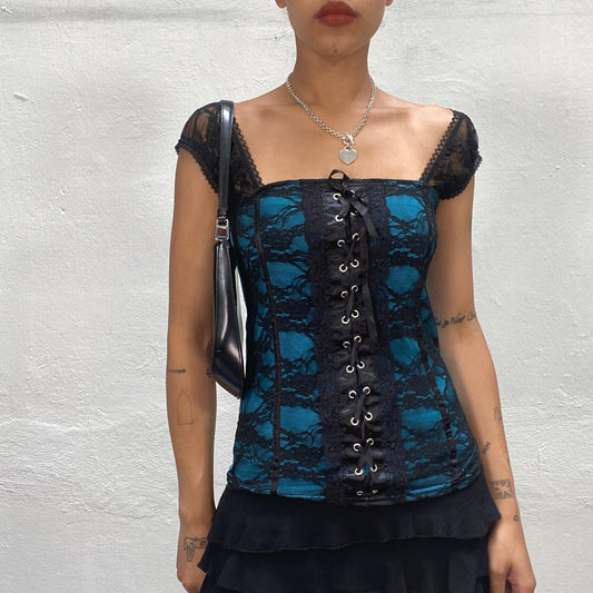 Vintage 2000's Babydoll Blue Corset Top with Black Lace Detail and Puffed Sleeves (S)