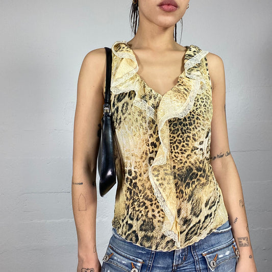 Vintage 90's Janice Biege Blouse Top with Cheetah Print and Frilled Chest Detail (S)