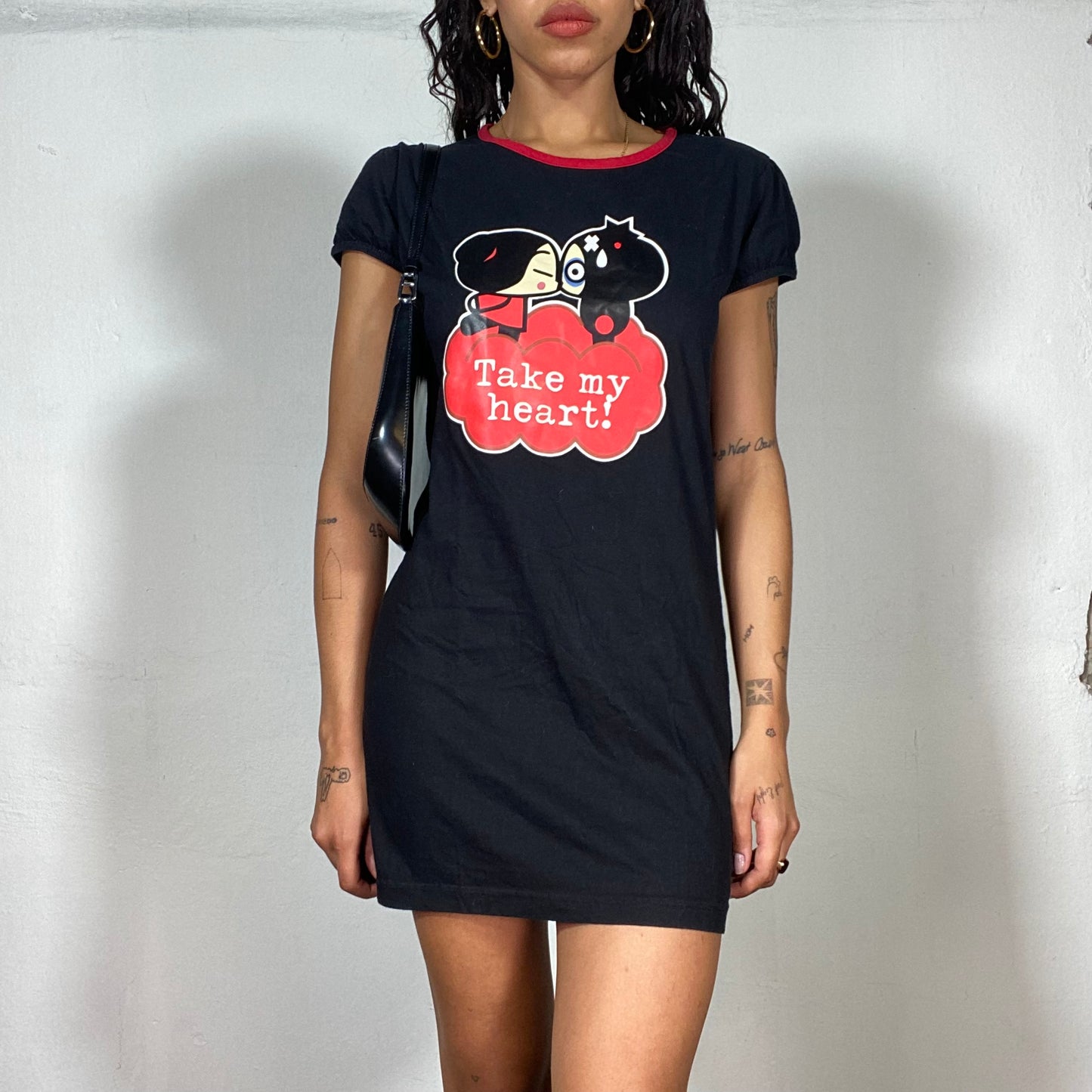 Vintage 2000's Adorable Black Pucca Mini-Dress with "Take My Heart!" Print (S/M)