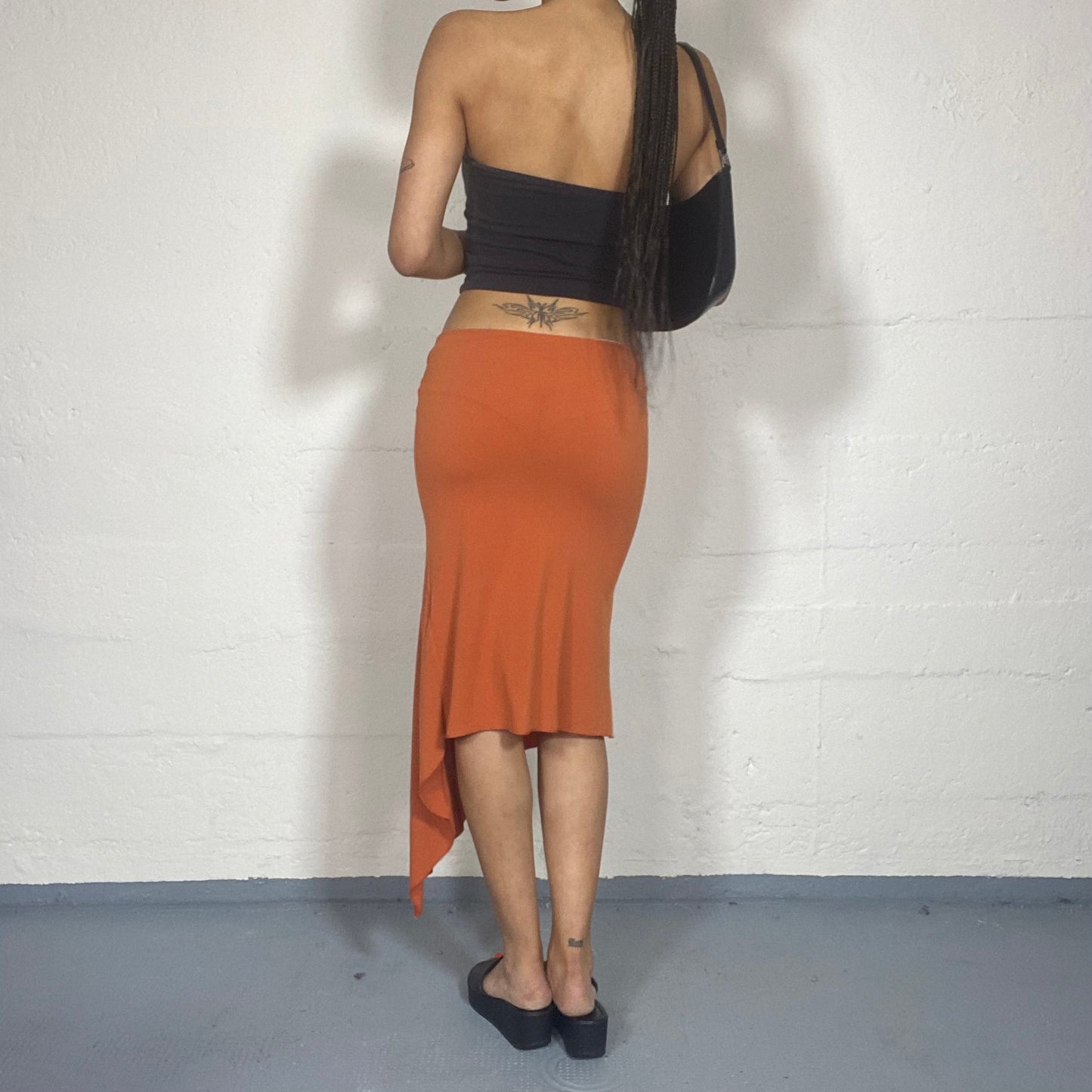 Vintage 2000's Fairy Orange Midi Skirt with Asymmetric Cut and Metal Ring Detail (S)