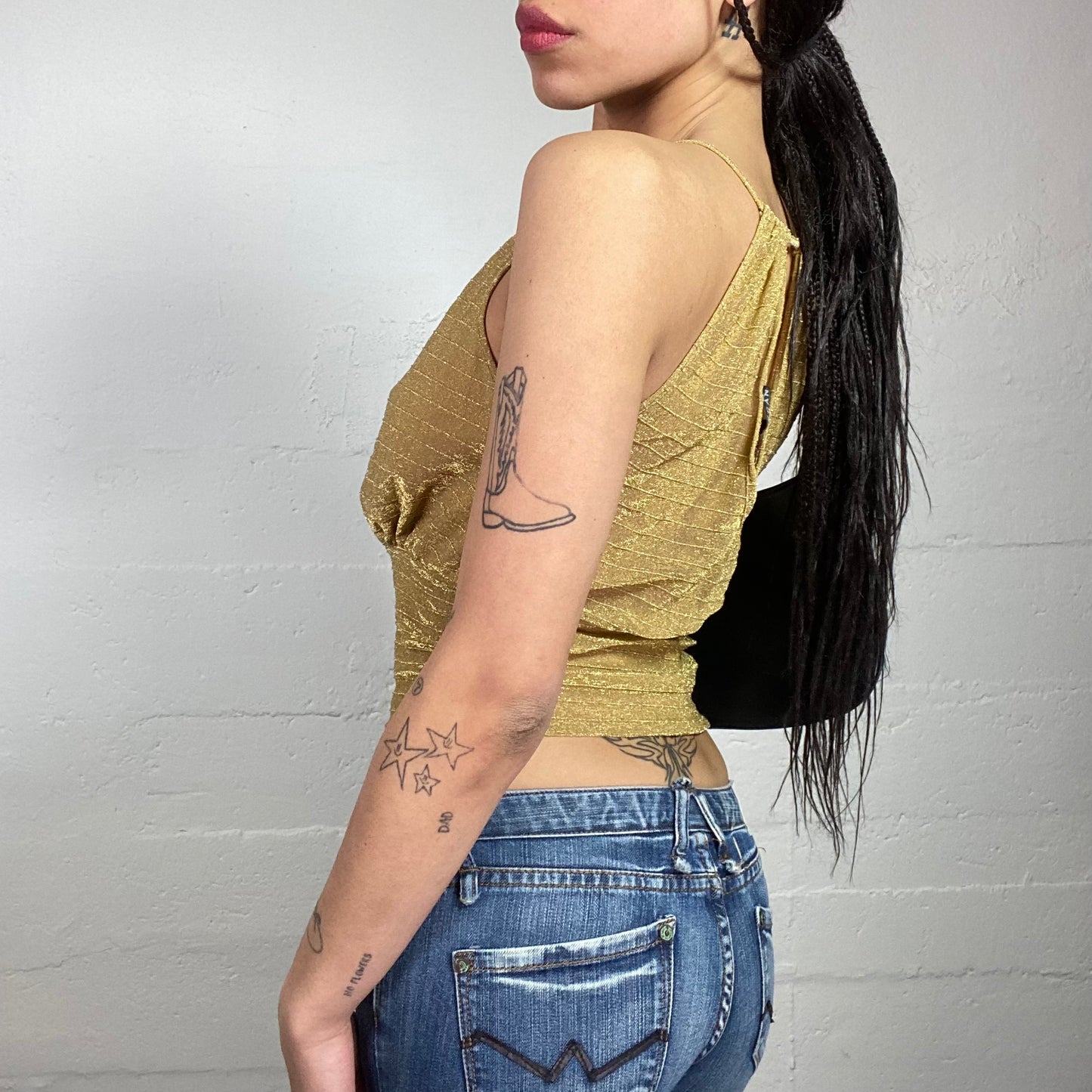 Vintage 2000's Clubwear Gold Cropped Top with Open Neckline Detail (S)