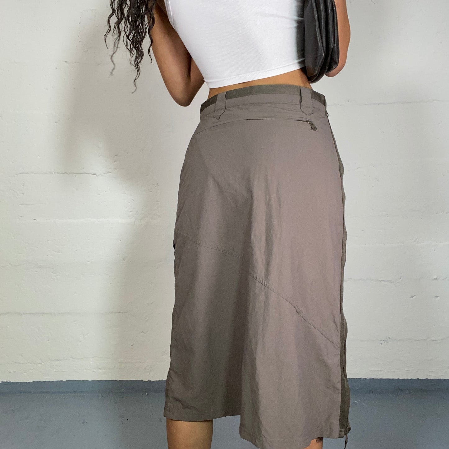 Vintage 90's Rave Khaki Midi Pencil Skirt with Pocket Detail (S)